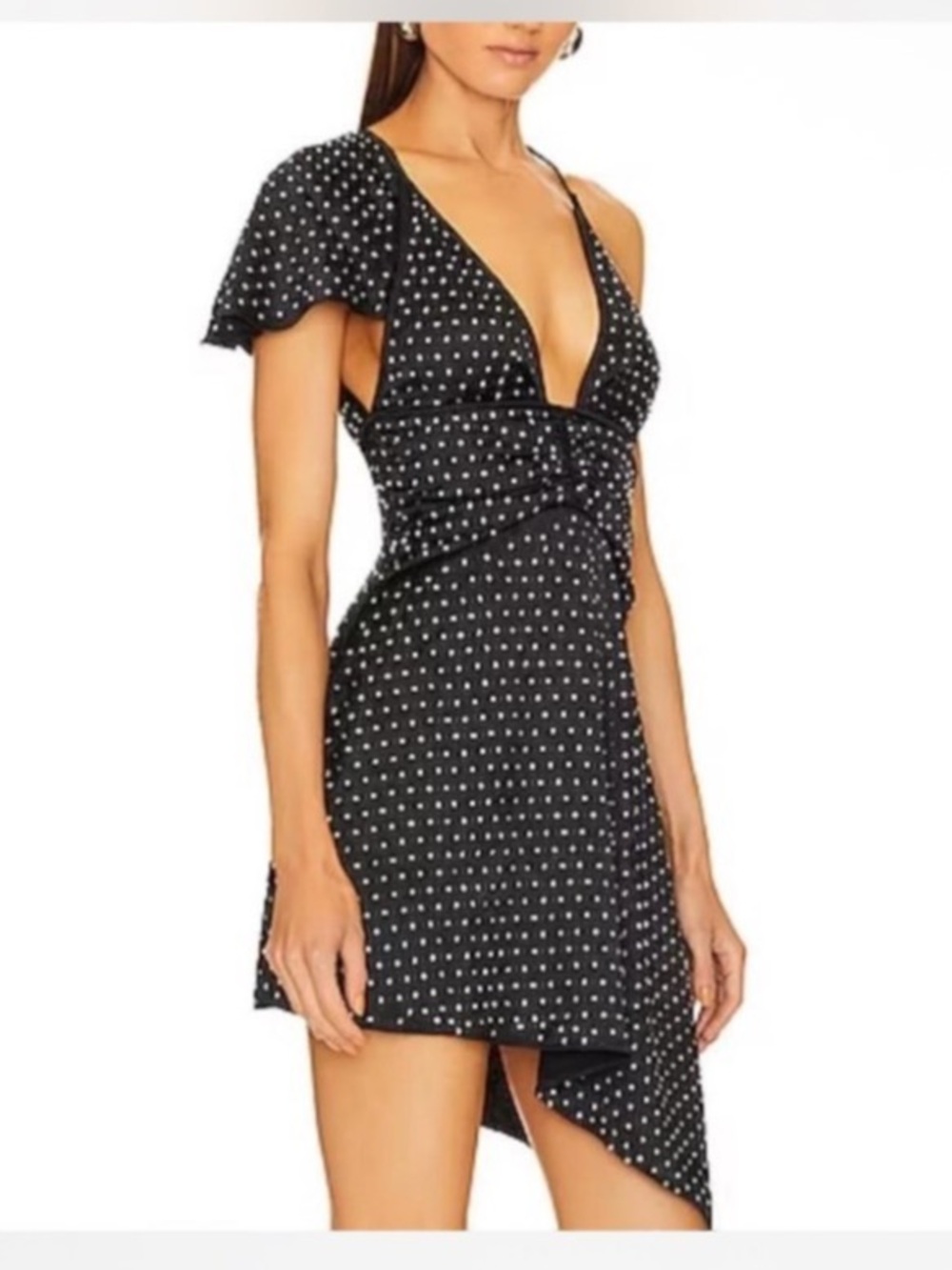 WeWoreWhat Black and White Polka Dot Asymmetric Mini Dress